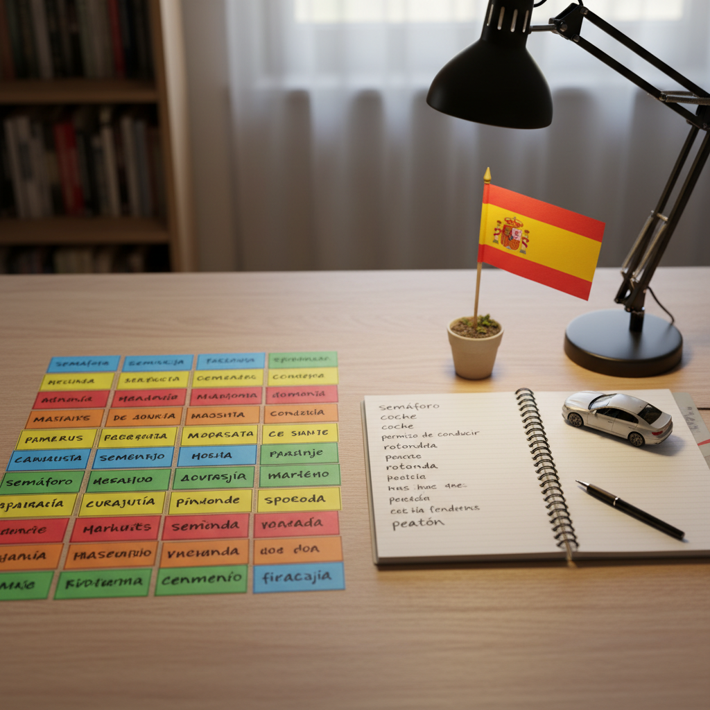 Person practicing driving vocabulary with study materials