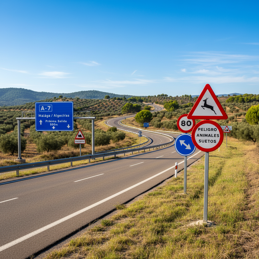 Spanish road with various traffic signs