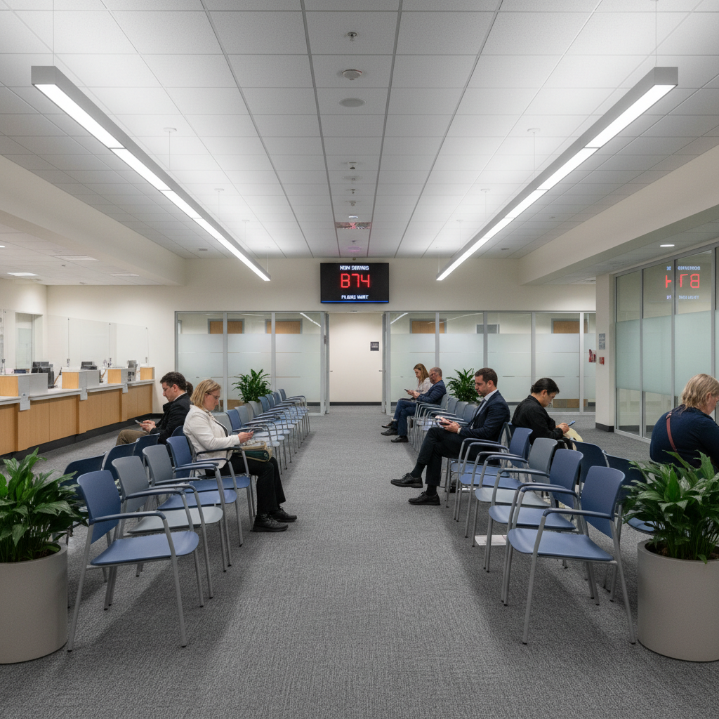 Waiting area inside a government office with people seated