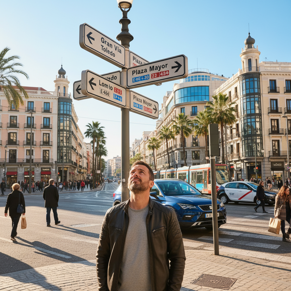 Experienced driver looking at Spanish road signs with confusion