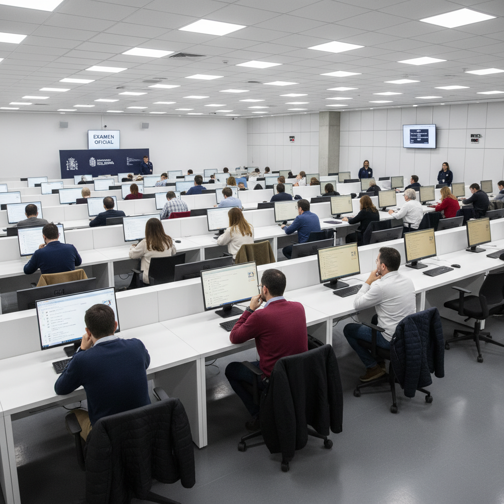 People sitting at computers in a modern examination center