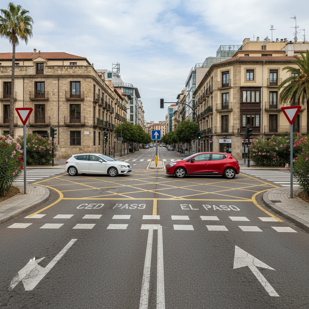 Busy intersection with European road markings and signs