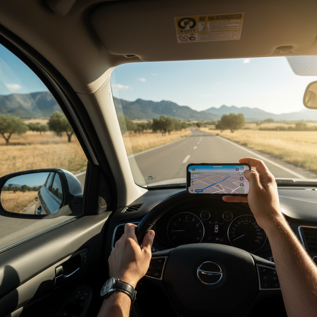 Close-up of a hand holding a smartphone while driving, with the road visible through the windshield