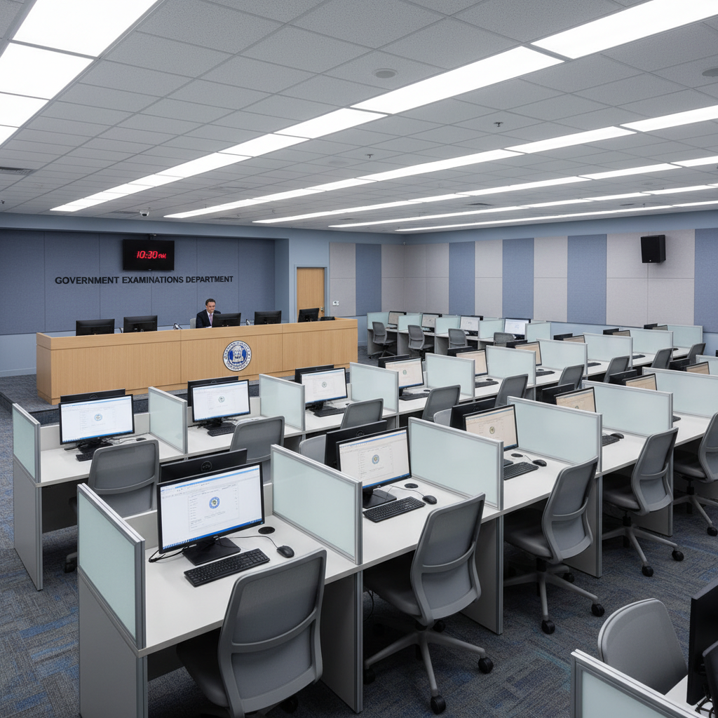 Exam room with computer workstations arranged in rows